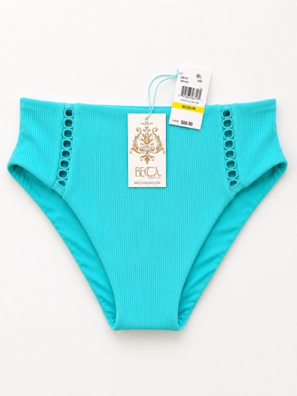 NWT BECCA by Rebecca Virtue Ribbed Aqua French Cut Bikini Bottom Medium